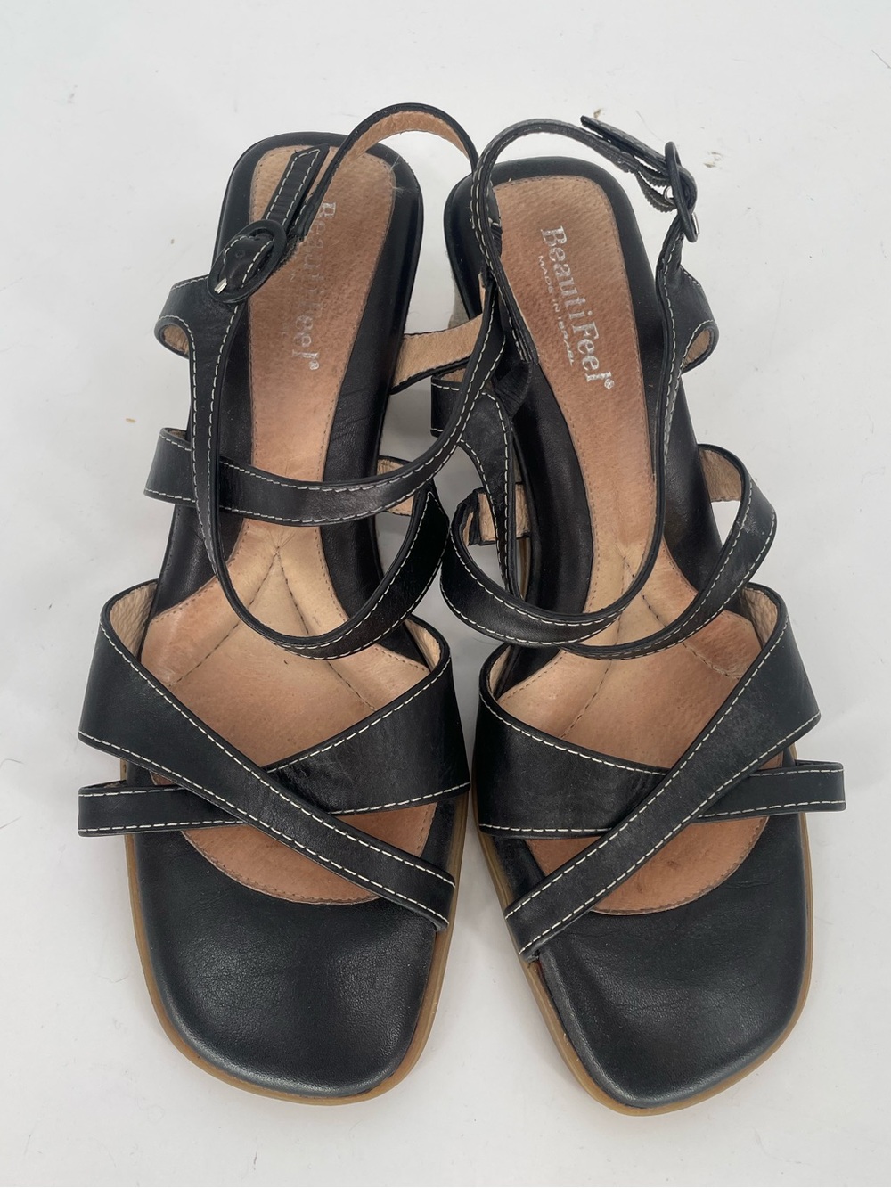 BeautiFeel Criss Cross Strap Cushioned Low Wedge Sandals Contrast Stitching - Picture 4 of 8